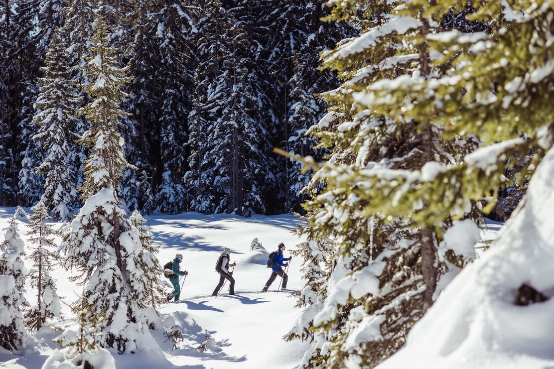 Eine Freundesgruppe bestehend aus drei Leuten wandert mit ihren Schneeschuhen durch die verschneiten Wälder von Alpbach. | © Alpbachtal Tourismus | shootandstyle