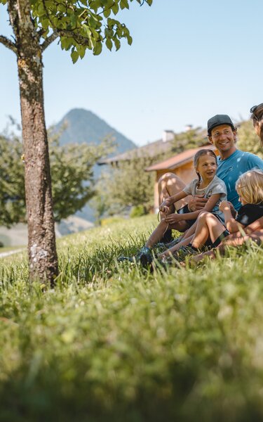 Eine Familie entspannt im Schatten eines Baumes inmitten eines Feldes, im Hintergrund eine schöne Bauernhof Landschaft | © Alpbachtal Tourismus | Mathäus Gartner 