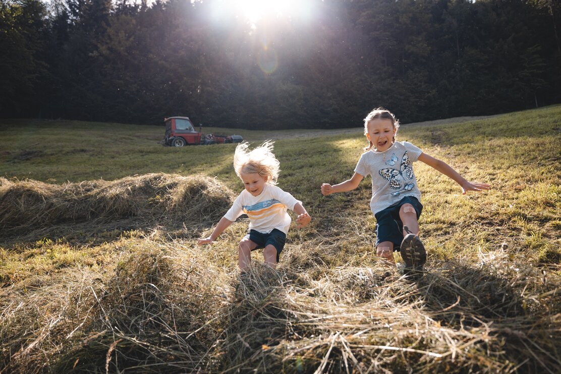 Zwei Kinder (ein Mädchen und ein Junge) springen im Heuhaufen hin und her  | © Alpbachtal Tourismus | Mathäus Gartner 