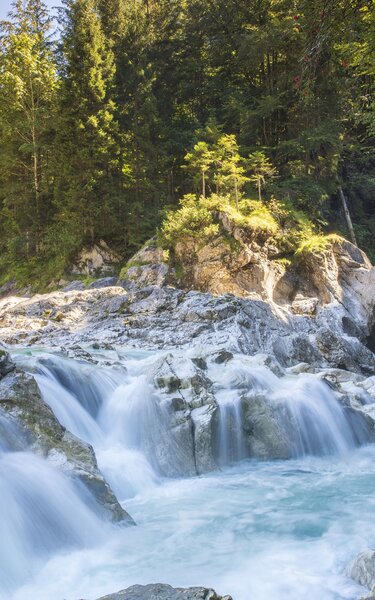 Auf dem Bild zu sehen ist die Pinegger Klamm in Brandenberg mit ihren vielen kleinen Wasserfällen, umgeben von grüner Natur  | © Alpbachtal Tourismus | Matthias Sedlak