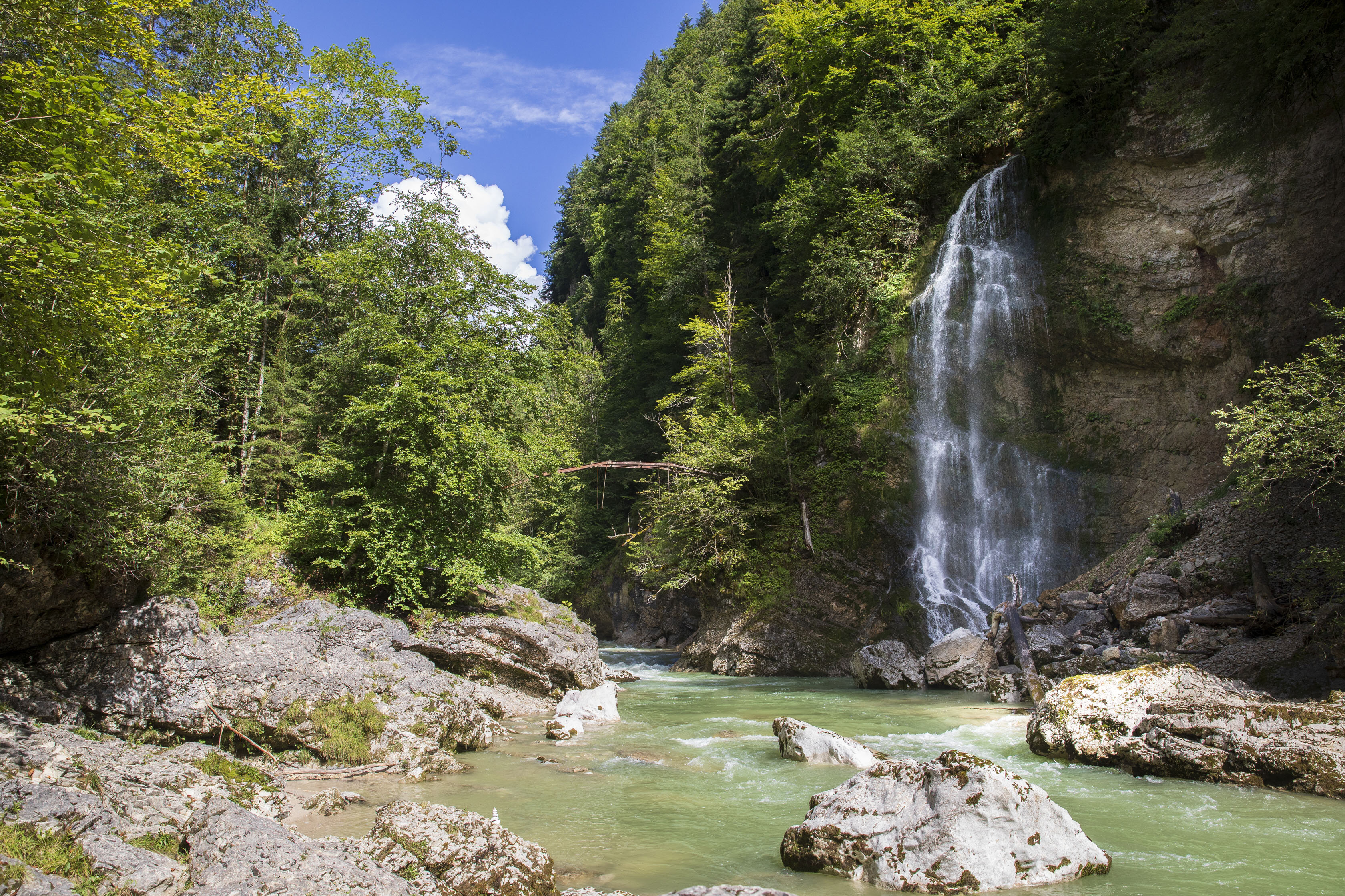 Auf diesem Bild zu sehen ist die Tiefenbachklamm in Brandenberg, mit einem großen Wasserfall, blühender Natur und schroffen Felsen  | © Alpbachtal Tourismus | Matthias Sedlak 