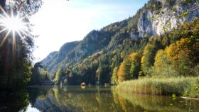 Auf diesem Bild zu sehen ist der Berglsteinersee in Breitenbach am Inn, rundherum die blühende Natur  | © Alpbachtal Tourismus 