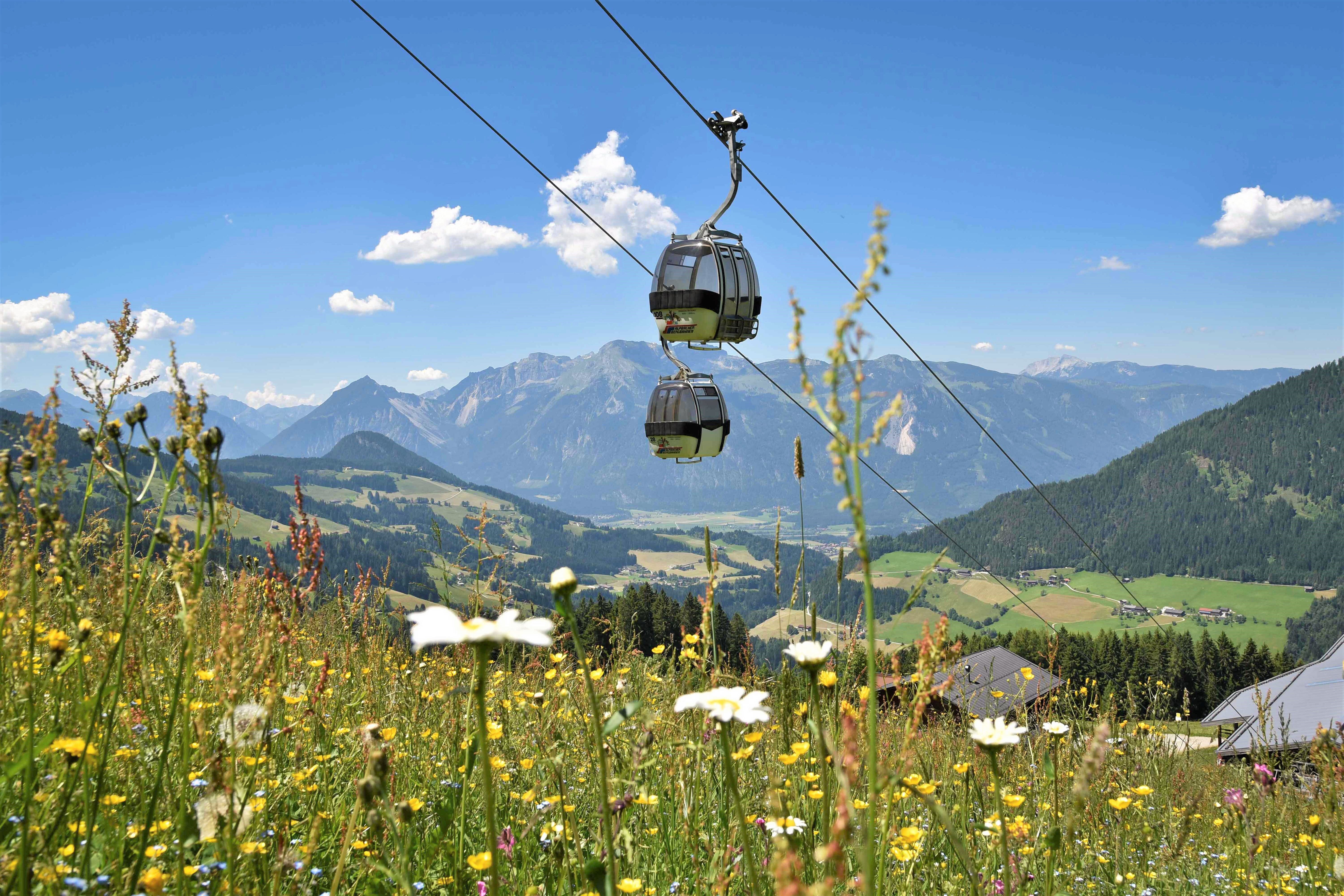 Alpbacher Bergbahn mit schöner Bergkulisse im Hintergrund sowie einer prachtvollen Blumenwiese im Vordergrund | © Alpbachtal Tourismus | Gabriele Grießenböck 
