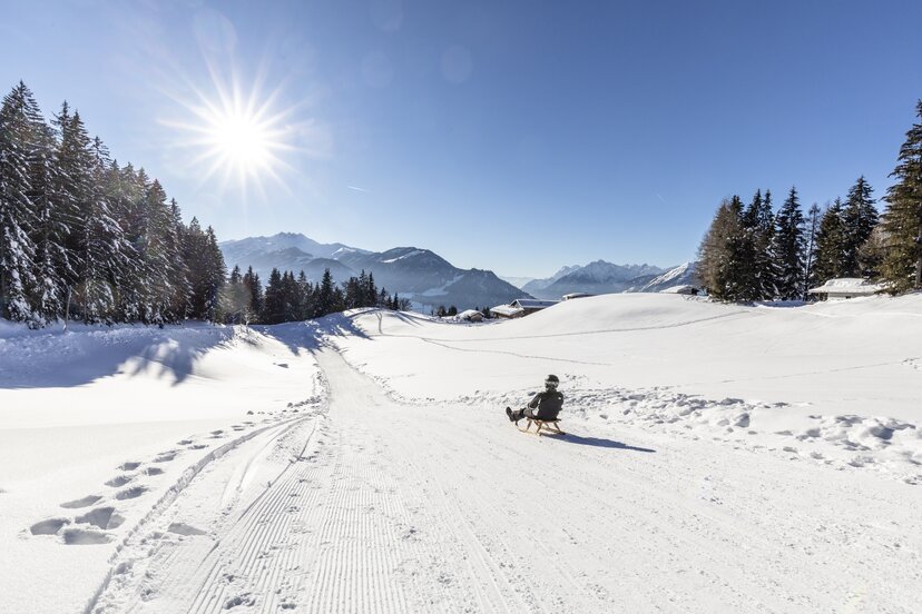 Rodelspaß im Alpbachtal | © Alpbachtal Tourismus | shootandstyle Auf diesem Bild sieht man, wie ein Mann auf einer Rodel gerade die Rodelbahn hinunter fährt , im Hintergrund die weiße Schneepracht und Sonnenschein | © Alpbachtal Tourismus | shootandstyle
