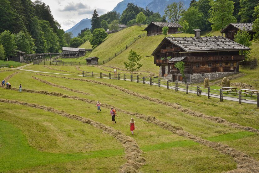 Museum Tiroler Bauernhöfe in Kramsach | © Alpbachtal Tourismus | Gabriele Grießenböck Eine Gruppe von Kindern läuft gemeinsam durch das Feld, neben den alten Bauernhäusern im Museum Tiroler Bauernhöfe | © Alpbachtal Tourismus | Gabriele Grießenböck