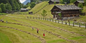 Eine Gruppe von Kindern läuft gemeinsam durch das Feld, neben den alten Bauernhäusern im Museum Tiroler Bauernhöfe  | © Alpbachtal Tourismus | Gabriele Grießenböck