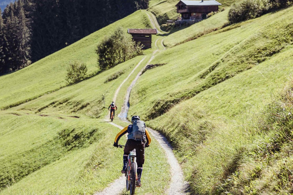 Auf einer Forststraße, zwischen zwei Feldern fahren zwei Männer in Richtung Wald bergauf, sie sind Teilnehmer des E-Bike Battles  | © Alpbachtal Tourismus | shootandstyle 