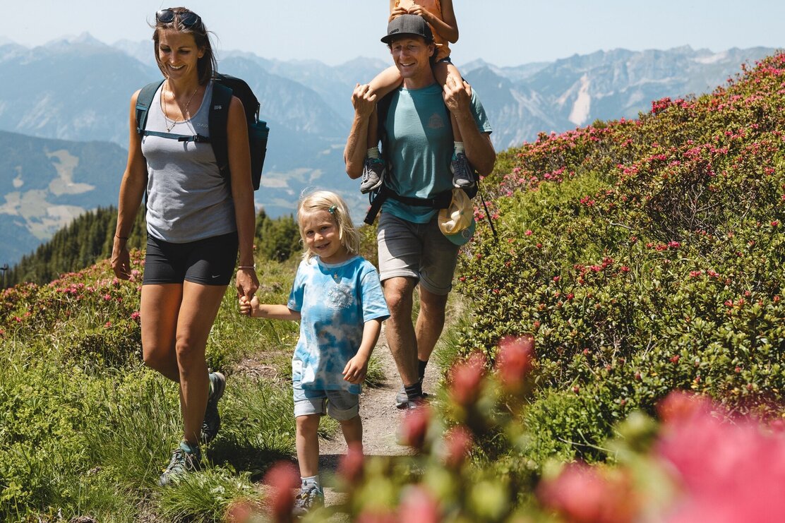 Familie wandert am Panoramaweg Wiedersberger Horn Alpbach | © Mathäus Gartner